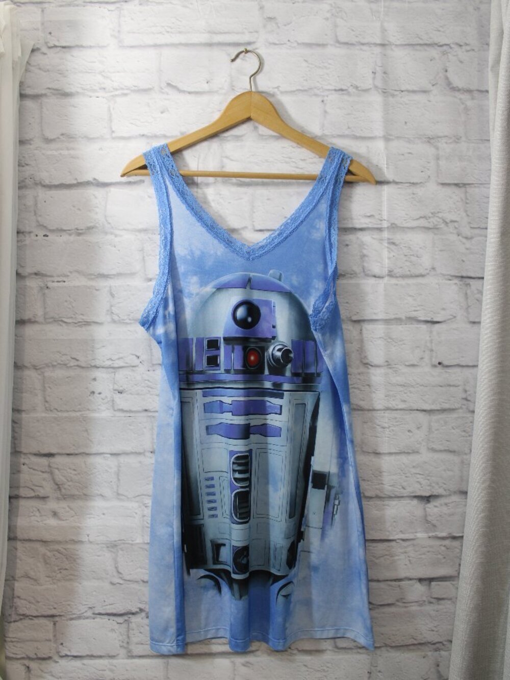 Star Wars R2D2 Nightgown V Neck Sleeveless Blue Tie Dye Lace Trim Extra Large
